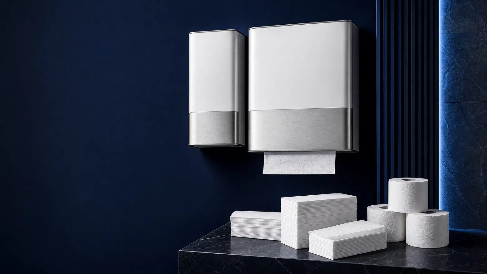 Linha de dispensers e suportes para papel higiênico e papel toalha